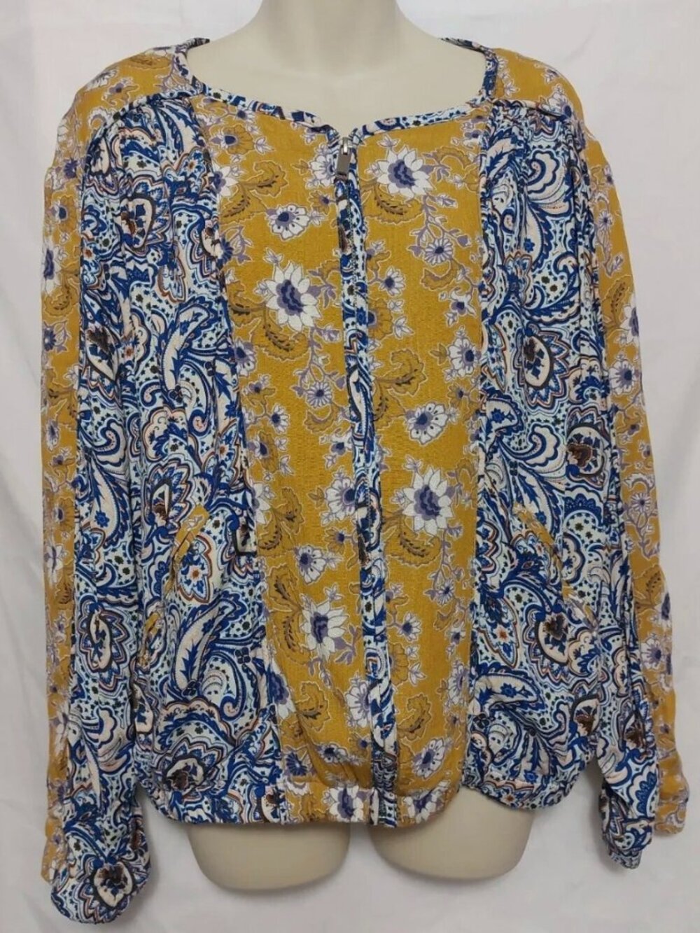 Umgee Priscilla Paisley Zip Up Bomber Jacket - Yellow & Blue Floral - S - Picture 4 of 11